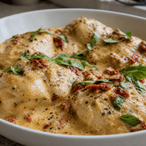 Creamy slow cooker Marry Me Chicken with sun-dried tomatoes and Parmesan sauce