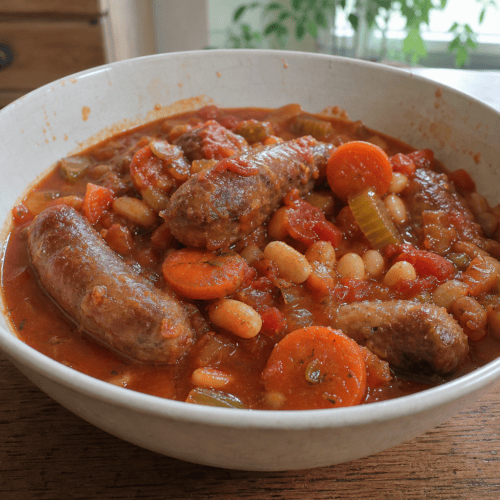 Homemade low calorie sausage casserole with carrots, celery, cannellini beans and tomato sauce in a bowl