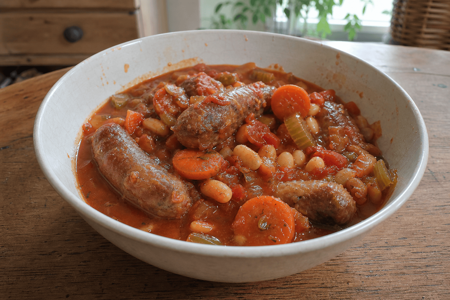 Homemade low calorie sausage casserole with carrots, celery, cannellini beans and tomato sauce in a bowl
