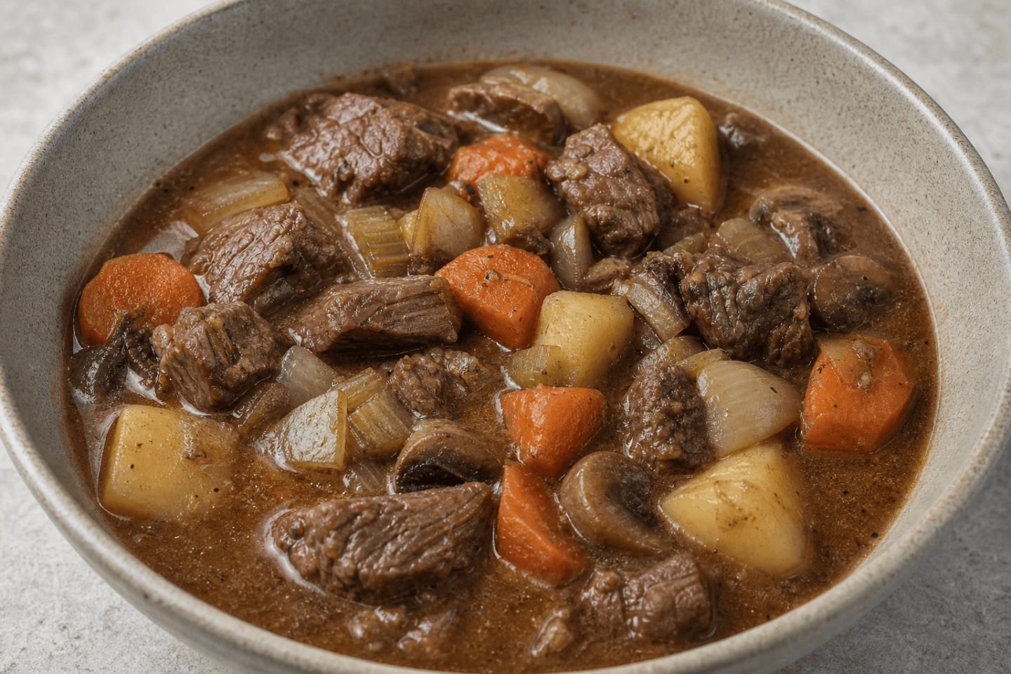 Close-up bowl of homemade slimming friendly slow cooker beef stew with lean beef, carrots, potatoes, mushrooms and vegetables
