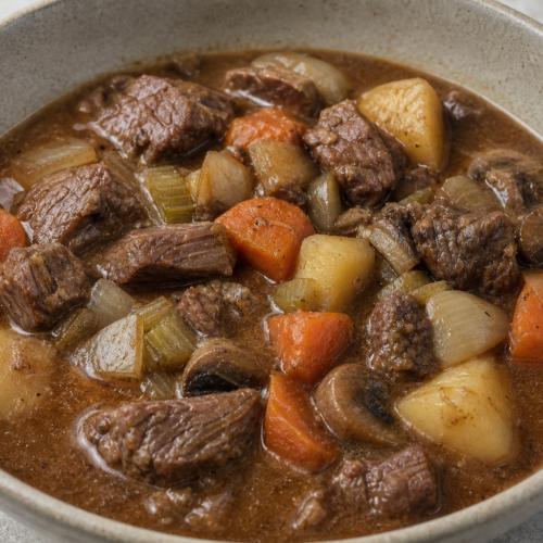 Close-up bowl of homemade slimming friendly slow cooker beef stew with lean beef, carrots, potatoes, mushrooms and vegetables